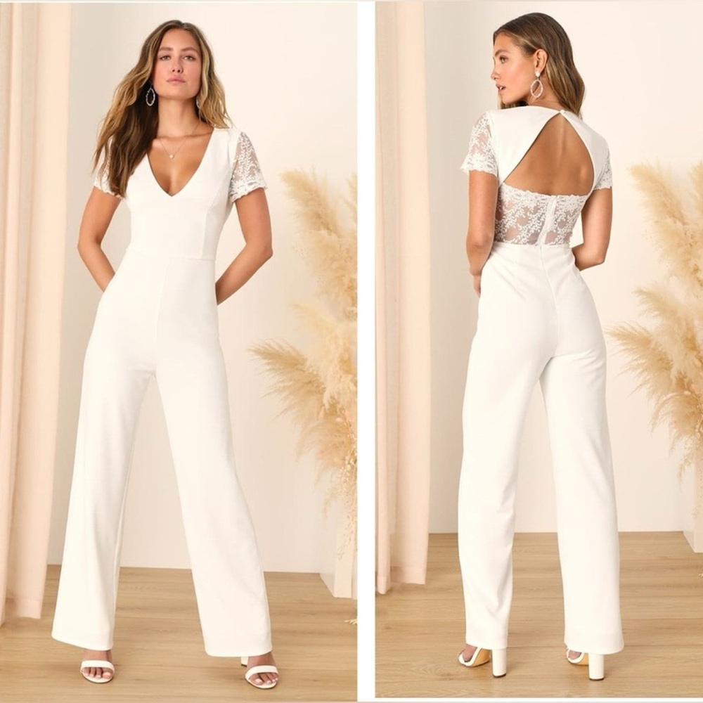 Lulus Romantic Enchantment Ivory Lace Short Sleeve Wide-Leg Jumpsuit size S